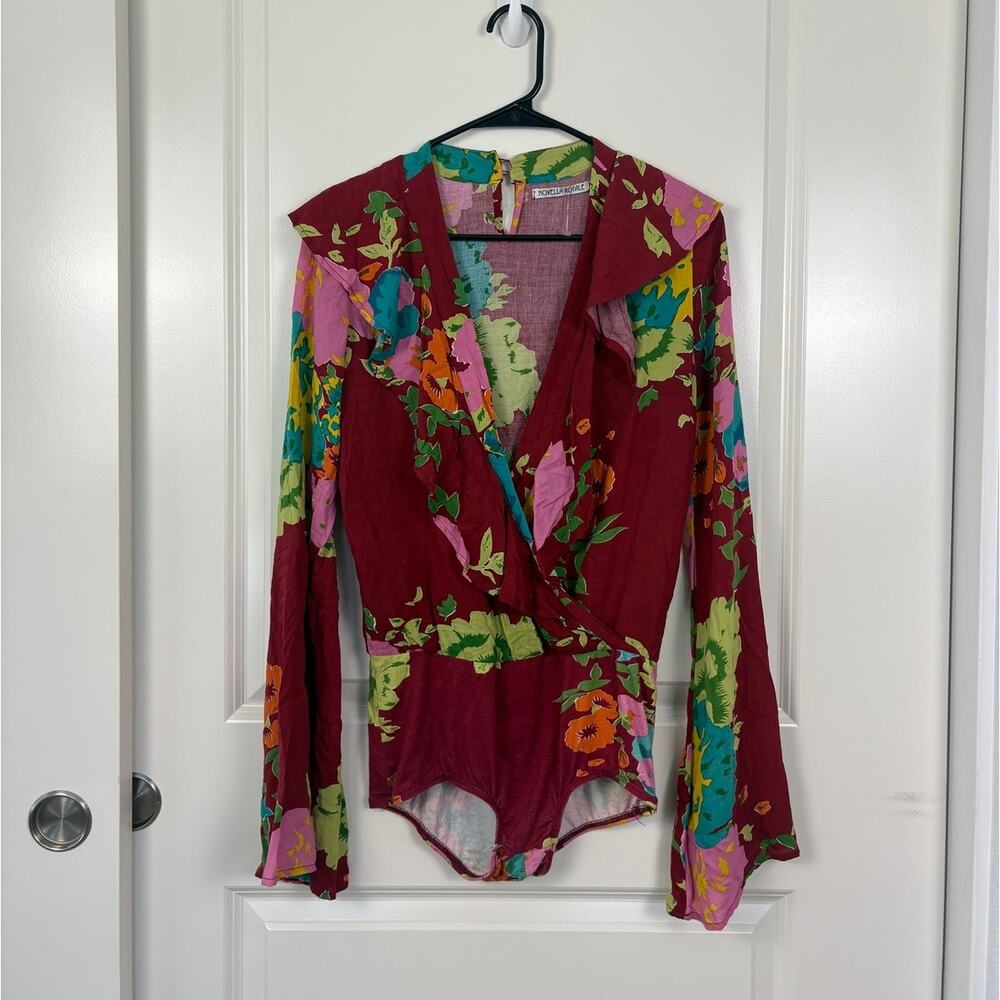 Novella Royale Floral Micro Flare Sleeve V Neck Ruffle Neckline Bodysuit Small